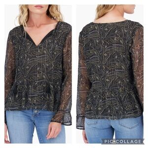 NWT Lucky Brand Chiffon Black Paisley Peplum Long Sleeve Top